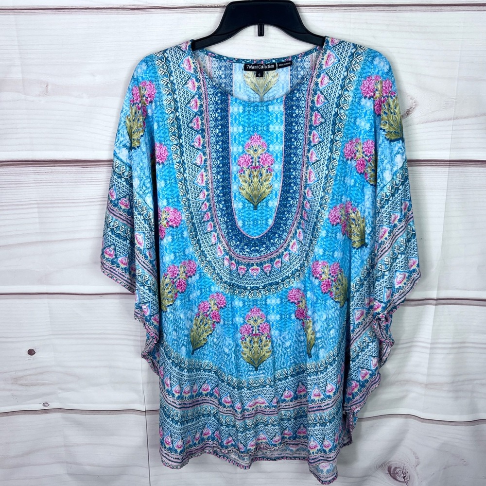 Tolani Top Womens S Blue Floral Print Blouse Poncho Round Neck Tunic Pullover